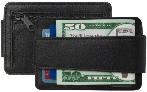 SG-104 DeepPocket Leather Money Clip Wallet with Zippered Coin/Token Pocket